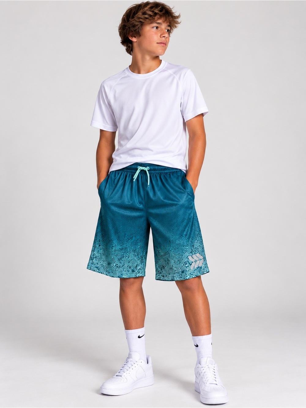 ALL IN MOTION Teal Geometric Ombre Performance Athletic Shorts Boys XL 16